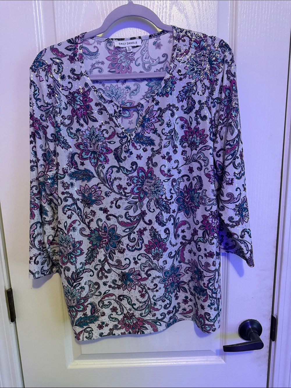 Emily Daniels Floral V-Neck Tunic - White with Teal & Purple
